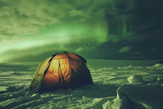 polar camping tent on the snow with aurora