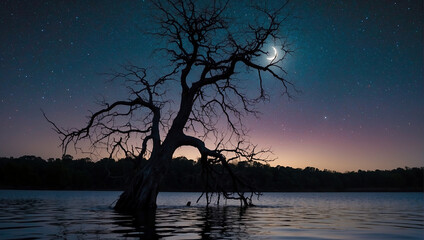 A boat sits in a lake with a large tree growing out of it, with a crescent moon in the background.