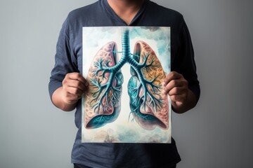 man is holding a poster showing lungs