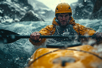 Man kayaking in whitewater rapids with ice axe in hand, navigating the adventurous river - obrazy, fototapety, plakaty
