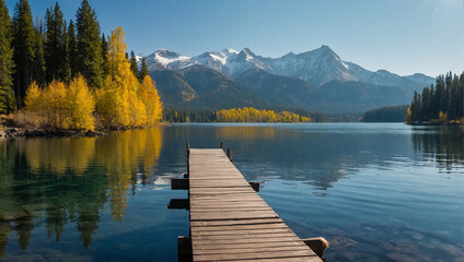 A mountain lake in the fall with yellow and green trees and snow-capped mountains in the distance.
