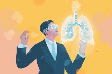 illustration of a businessman holding up a diagram with lungs - obrazy, fototapety, plakaty