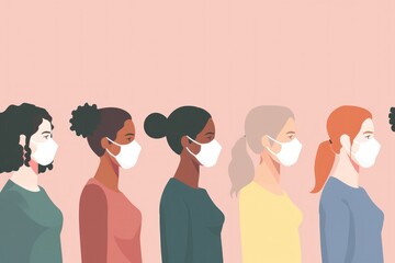 women and men wearing surgical masks in a row of faces - obrazy, fototapety, plakaty