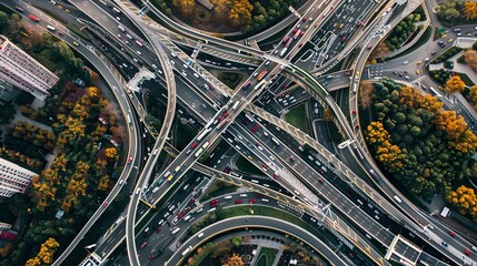 Aerial view of a busy highway interchange with cars streaming in multiple directions