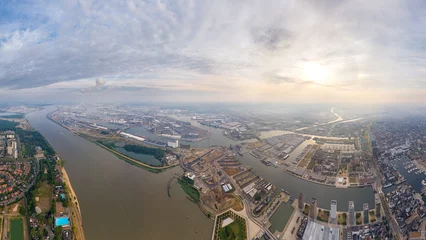 Fototapeten Antwerp, Belgium. Panorama of the city. River Scheldt (Escout). Summer morning. Aerial view © nikitamaykov