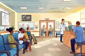 illustration of doctors in a waiting room with people around desks