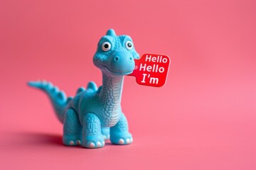 Close up of a blue toy dinosaur holding a "Hello I'm" name tag in its mouth on a pink background.