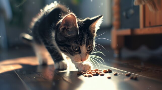 Cute Cat Eating On Floor Home, Banner Image For Website, Background, Desktop Wallpaper