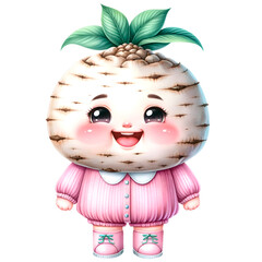 Cute Thai Cassave vegetable character wearing cute pink pastel outfit with smiling face watercolor clipart.Nursery vegetables theme.