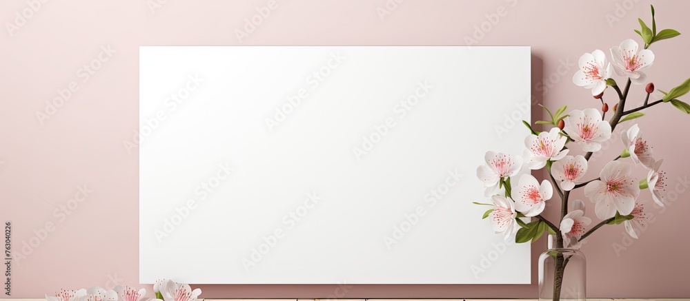 Poster a blank rectangle canvas is placed on a table beside a vase of magenta flowers. the elegant flower a