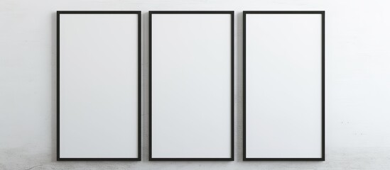 Three rectangular white frames with tints and shades hanging in parallel on a symmetrical white wall. The frames are fixed fixtures with square patterns and a sleek glass composite material