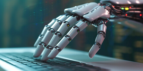 Robotic cyborg hand pressing a keyboard - obrazy, fototapety, plakaty