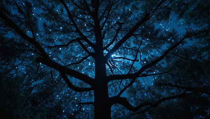 A tree with bright blue lights on it in a dark forest at night with a starry sky

