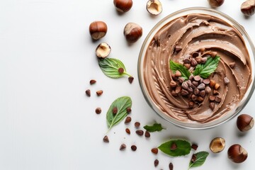 Cocoa cream in a glass bowl with hazelnuts and leaves around isolated on white table. Top view.