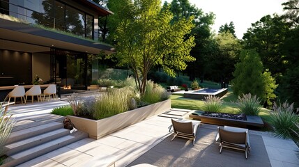 Landscape of architecture and design of modern outdoor living space. Fireplace, seating, pillows, pool, sun loungers, penthouse, country house, greenery, flower beds, balcony, tiles. Generative by AI