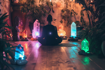 An image depicting a person meditating surrounded by glowing chakra crystals during a reiki session. - obrazy, fototapety, plakaty