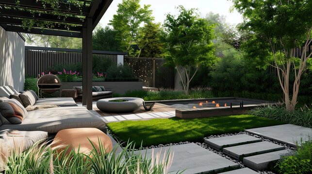 Landscape of architecture and design of modern outdoor living space. Fireplace, sitting area, diving board, swimming pool, sun loungers, penthouse, greenery, balcony, marble. Generative by AI