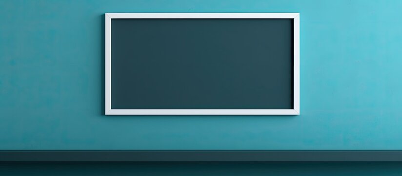 A rectangular picture frame hangs on an azure wall, creating symmetry. The electric blue color contrasts with the aqua background, resembling a computer monitor accessory or gadget