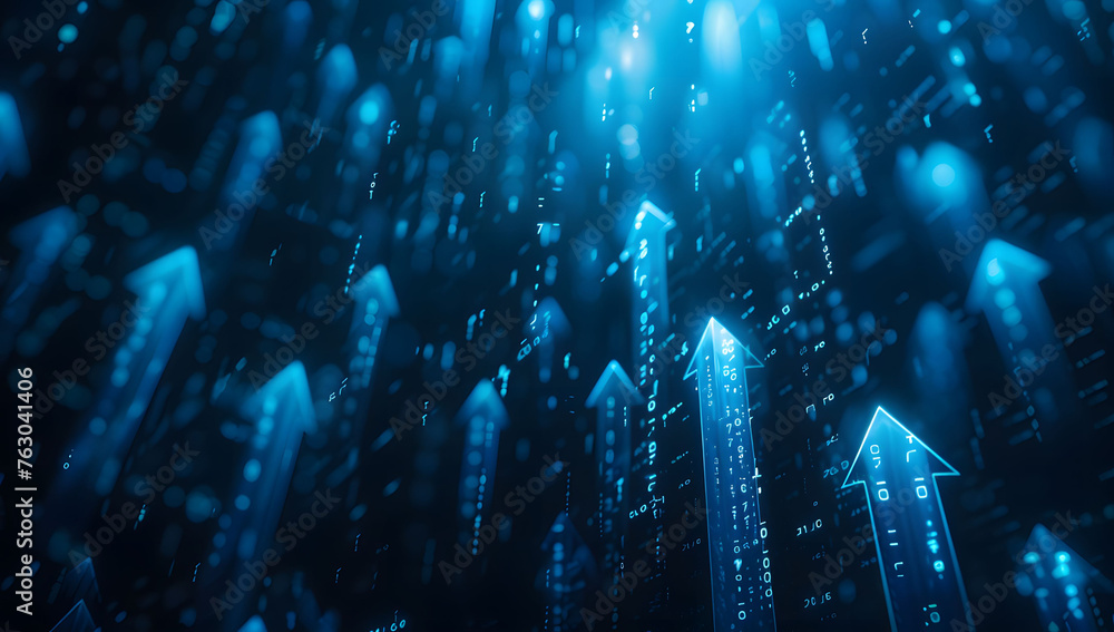 Poster user abstract background with a blue glowing arrows pointing upwards, representing growth and progre