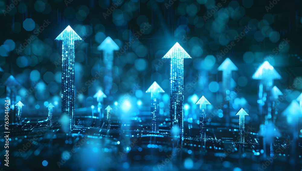 Poster user abstract background with a blue glowing arrows pointing upwards, representing growth and progre