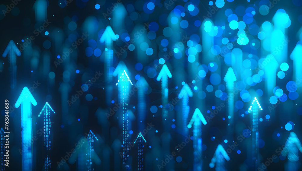 Poster user abstract background with a blue glowing arrows pointing upwards, representing growth and progre