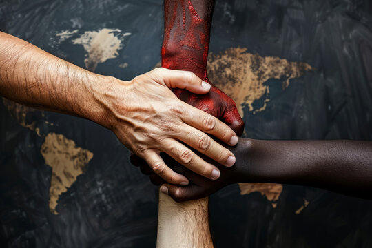 An image of diverse hands together in solidarity, symbolizing unity in the fight against global inequality and poverty.