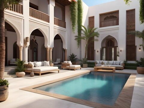 Modern country villa living room living room garden and swimming pool in courtyard, morocco style - 3d render By Alim Graphi