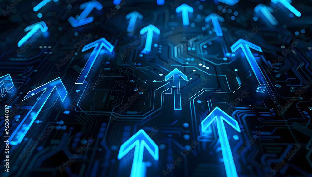 Poster user abstract background with a blue glowing arrows pointing upwards, representing growth and progre