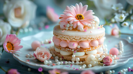 On a vintage plate rests a beautifully crafted layered sponge cake, its surface with buttercream and a mix of pastel flowers. - obrazy, fototapety, plakaty