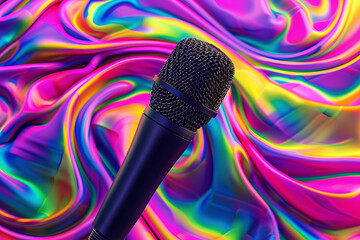 A sleek black microphone against a backdrop of vibrant, swirling multicolored abstract waves,...