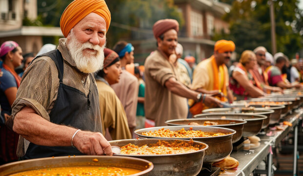 Indian man volunteer in a turban serving langar dish on the street on Baisakhi holiday, idea of spirit of mutual help