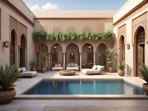 Modern country villa living room living room garden and swimming pool in courtyard, morocco style - 3d render By Alim Graphi
