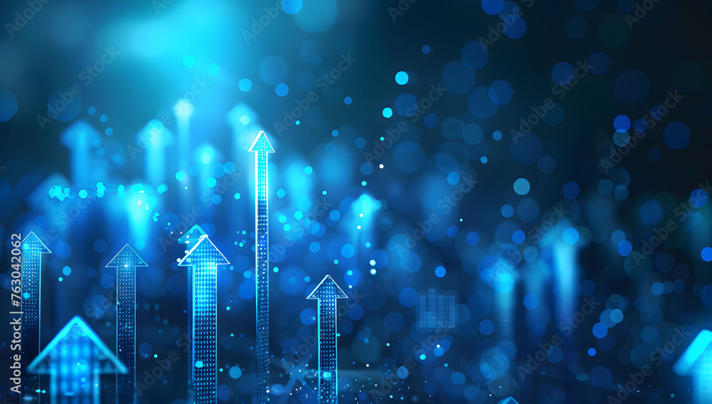 Poster user abstract background with a blue glowing arrows pointing upwards, representing growth and progre