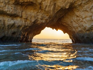 rock arch in seaside at golden hour or sunset 