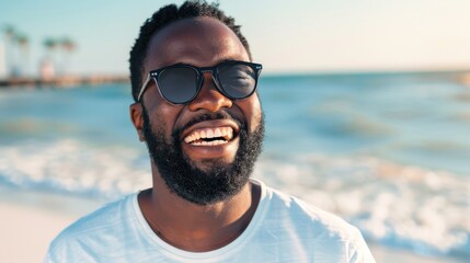 Euphoric Beach Getaway: Man in Sunglasses Embraces Summer Bliss - Generative AI