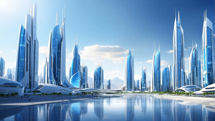 A futuristic city with tall buildings and a river in front of it

 - obrazy, fototapety, plakaty