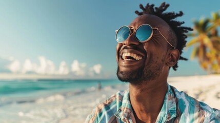 Euphoric Beach Getaway: Man in Sunglasses Embraces Summer Bliss - Generative AI