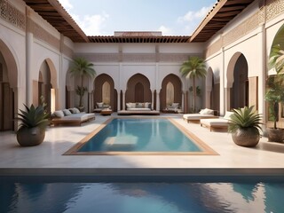 Modern country villa living room living room garden and swimming pool in courtyard, morocco style - 3d render By Alim Graphi