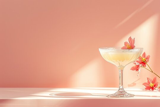 Citrus cocktail in an elegant glass with a flower garnish. Springtime refreshment concept ideal for designs and prints in culinary and event planning sectors