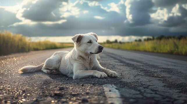 Dog White Lies On Road Near, Banner Image For Website, Background, Desktop Wallpaper