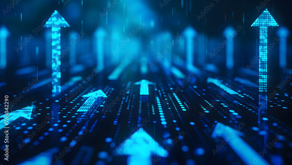 Poster user abstract background with a blue glowing arrows pointing upwards, representing growth and progre