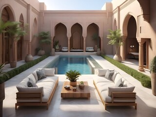 Modern country villa living room living room garden and swimming pool in courtyard, morocco style - 3d render By Alim Graphi