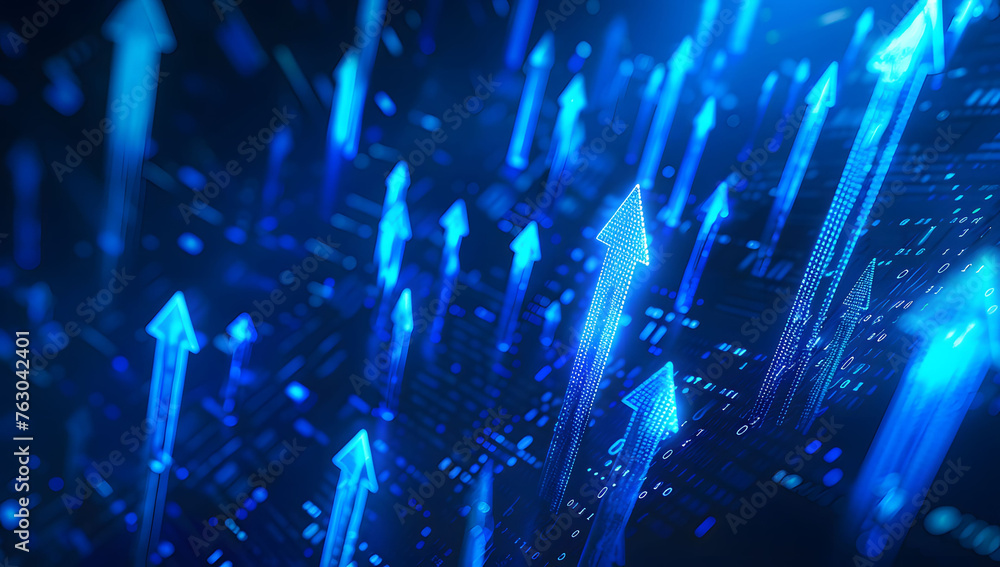 Poster user abstract background with a blue glowing arrows pointing upwards, representing growth and progre