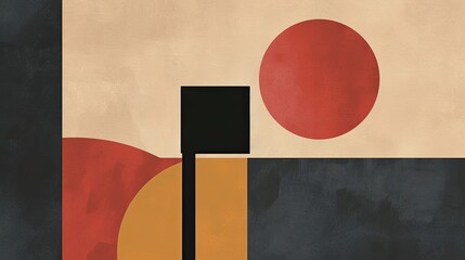 Abstract image of compositions from various geometric shapes. Combining lines, squares, rectangles and circles. Black, red beige, and orange colors. Design, style, picture, contrast. Generative by AI