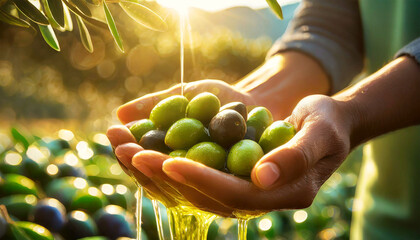 Close-up of two hands (cupped hands full of fresh olives) of a farmer showing harvesting green olives bathed in a flowing, liquid olive oil. Generative Ai. - obrazy, fototapety, plakaty