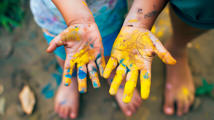 hands in paint blue and yellow color. World down syndrome day. - obrazy, fototapety, plakaty