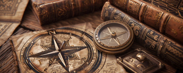 A bronze Masonic compass and square emblem positioned with aged leather-bound books and parchment scrolls in the background.