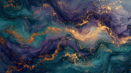 Watercolor texture design with floral branch on gold, dark, navy, purple, emerald, green and turquoise colors. Rough brush stroke. Illustration. Liquid, water, fluid, cloud, abstract background. - obrazy, fototapety, plakaty