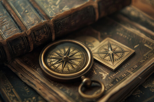 Bronze Masonic compass and square emblem set against a backdrop of aged leather-bound books and parchment scrolls.