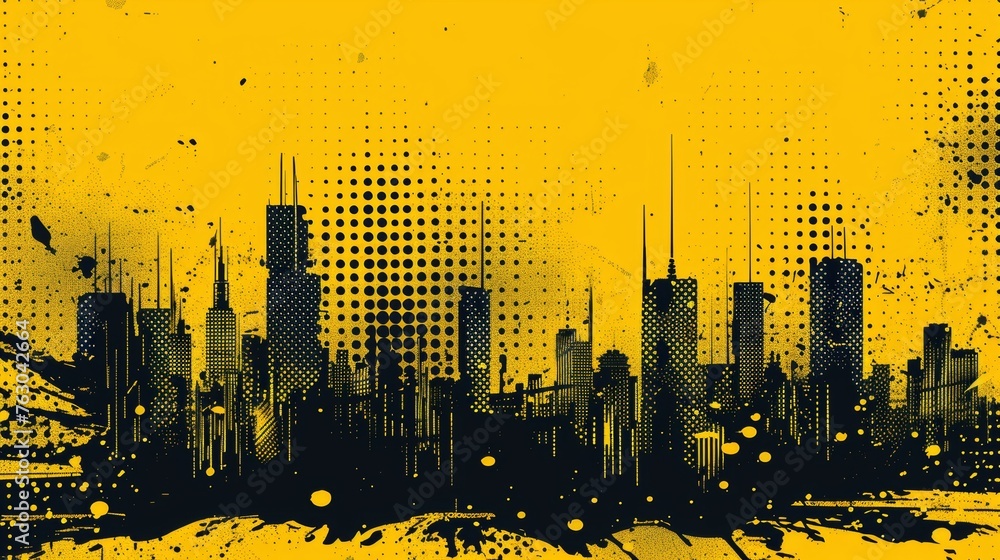 Fototapete yellow and black backdrop with dot halftone pattern element. abstract brush grunge background for yo